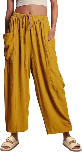 ZOCAVIA Womens Linen Wide Leg Pants Casual Loose Lightweigt Beach Palazzo Harem Pants Summer Trousers with Pockets