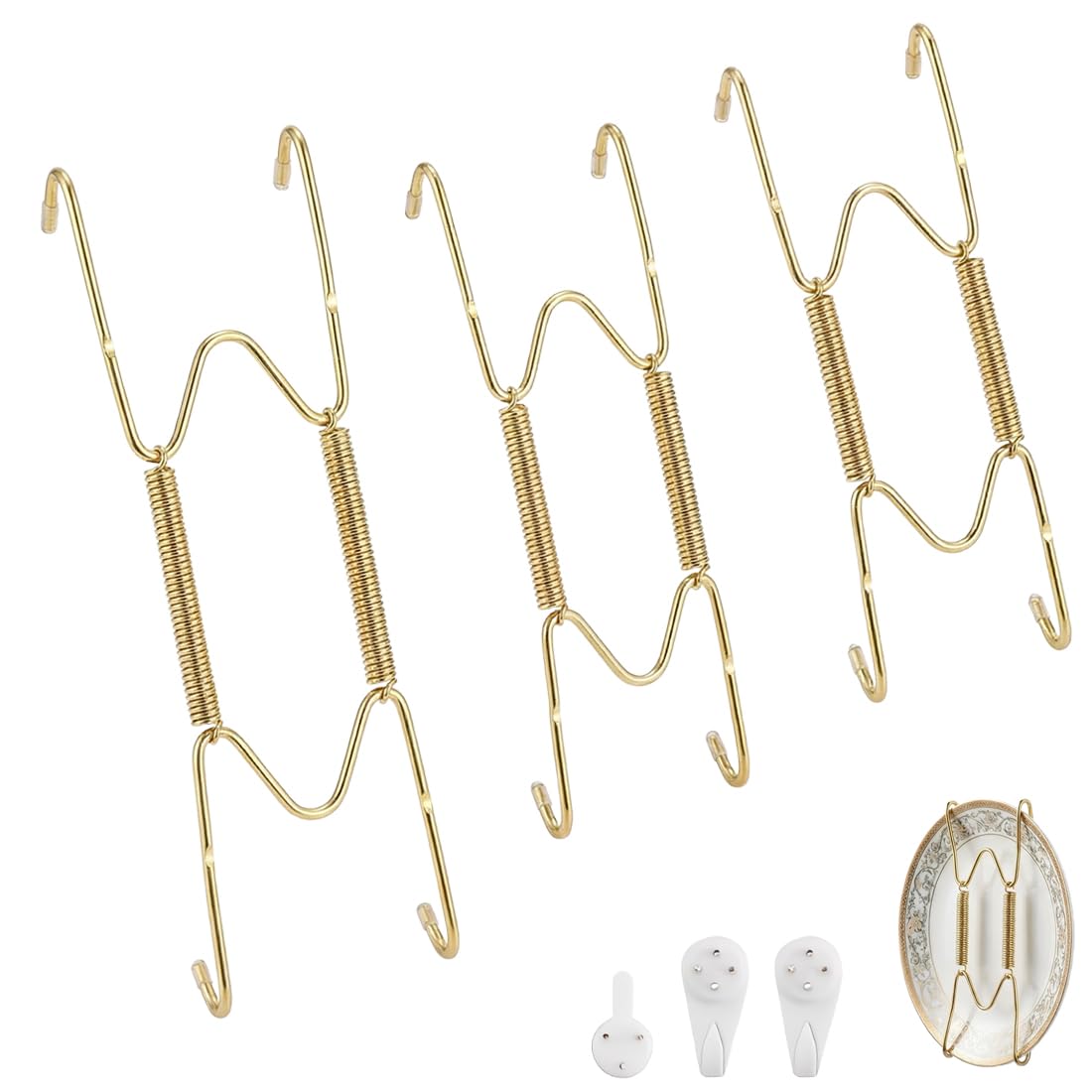 Set da 3 Ganci per Piatti da Parete, Porta Piatti in Acciaio Inox per Esposizione, Supporto per Piatti Decorativi da 5-10,5 Pollici (6"8"10") (Dorato)