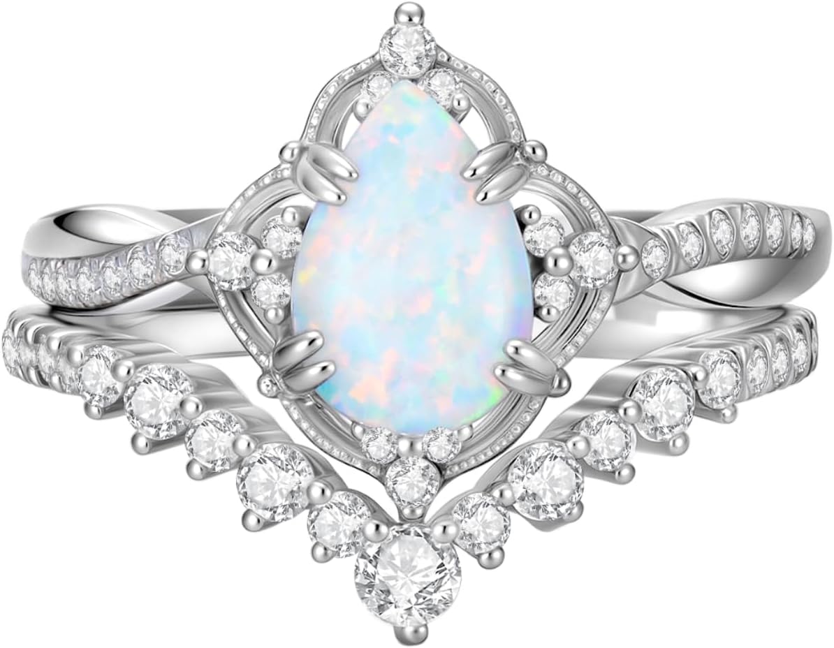 1.5ct Pear Shaped Opal Engagement Rings for Women Genuine Opal Rings Set 925 Sterling Silver 2pcs Vintage Infinity Inspired V Shaped Wedding Band Anniversary Promise Ring