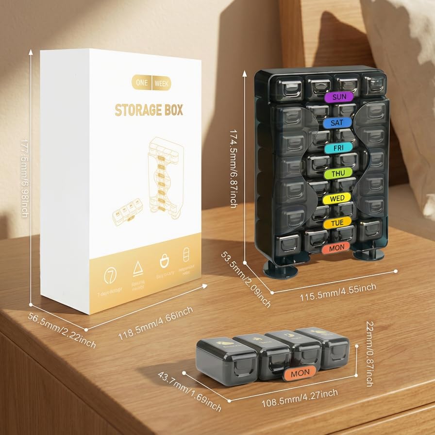 Big Premium Medicine organizer- Medicine organizer box- 7 days Pill Box For Home-Pill Organizer Case With Large Compartments, Portable for pills & Supplements (Black, Standing (4 Compartment))