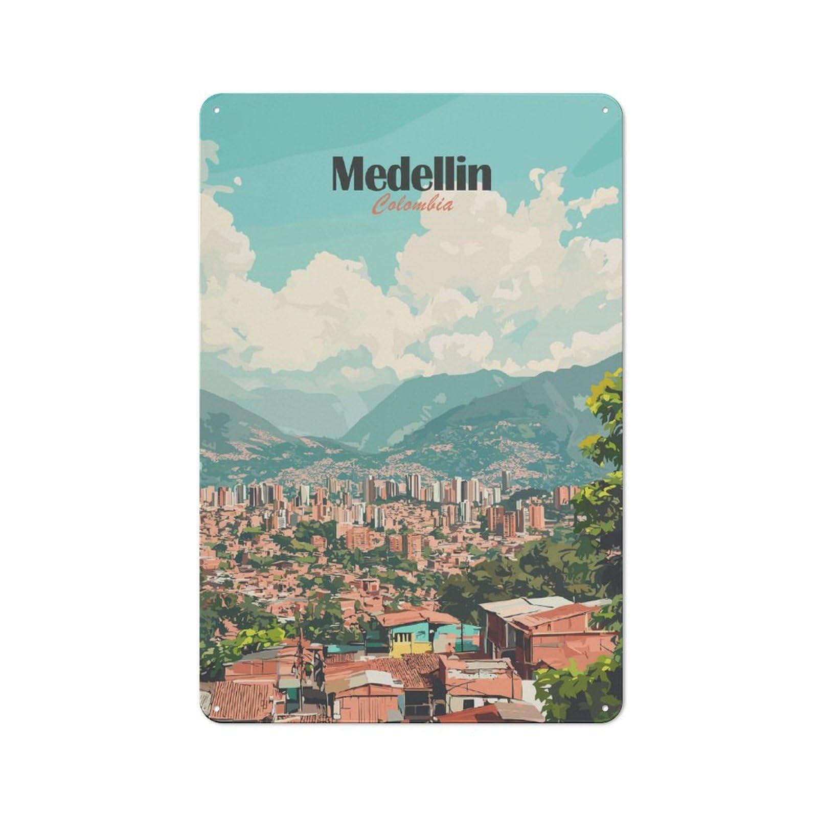 Junmoney Style-3 Medellin Cityscape(3) Vintage Metal Plaque 30X20cm For Living Room Wall, Suited To Living Room Decor Lovers