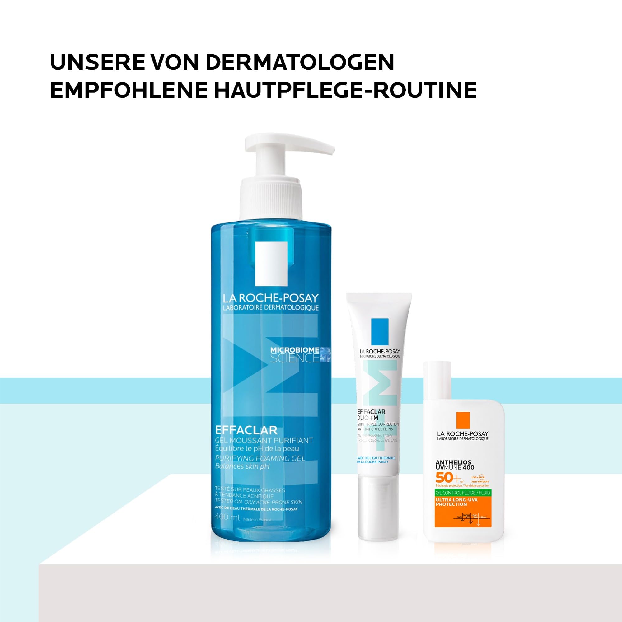 La Roche Posay Effaclar & Anthelios Set mit Schäumendem Reinigungsgel, Duo+M Creme & UVMune400 Fluid LSF50+, Pflegeset gegen Unreinheiten & Hautglanz, Für Mischhaut & fettige Haut, 400ml + 40ml + 50ml
