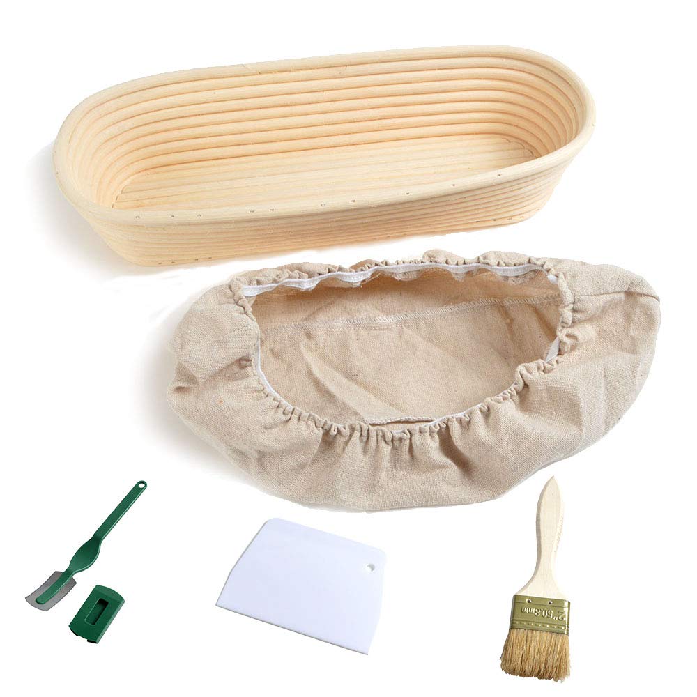 Cesta de mimbre natural Banneton para la prueba de pan, cubierta de tela de revestimiento de cesta de fermentación, molde para hornear pan, raspador de masa, pan (color: 30 x 14 x 7 cm ovalado)