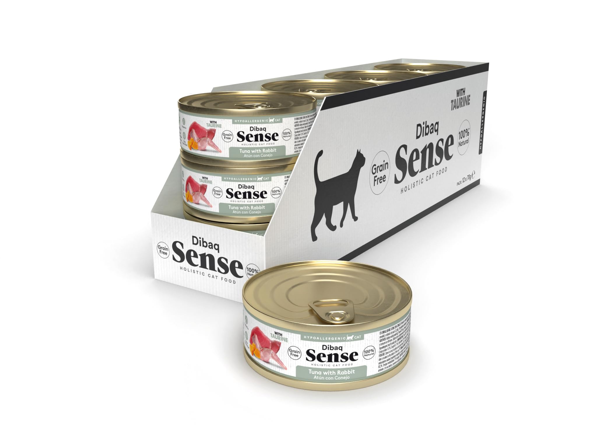 Dibaq Sense Cat Grain Free: Comida húmeda de atún y Conejo, 100% Natural y sin Cereales. Pack de 70 g x 12 uds.