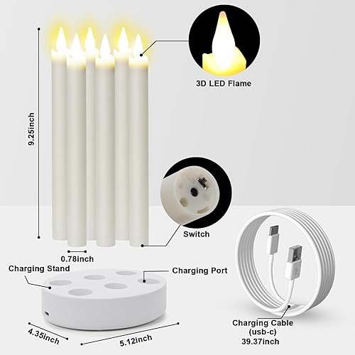 Miniatura 7 de Velas cónicas recargables sin llama, 6 unidades, velas LED cónicas parpadeantes con estación de carga y temporizador remoto para boda, Navidad,