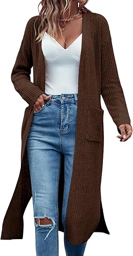 Miniatura 1 de Danedvi Cárdigan largo para mujer, de punto acanalado, frente abierto, manga larga, abrigo casual de otoño de gran tamaño con bolsillos