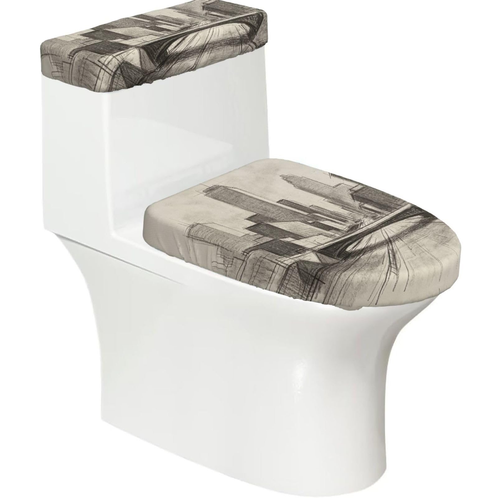 Pencil Sketch Art Elastic Toilet Cover Set of 2-Stretchy Lid and Tank Covers for Bathroom, Soft Washable U Shape Toilet Decor