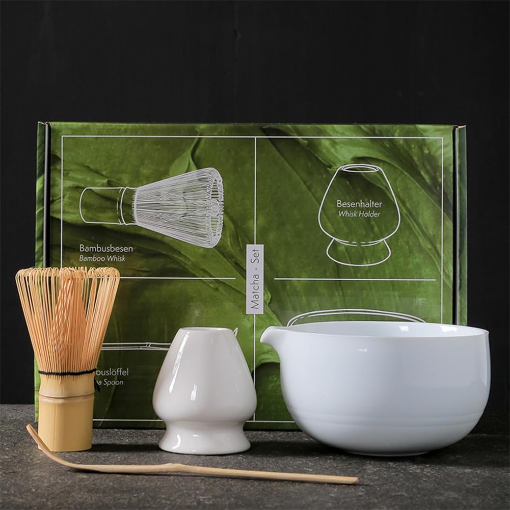 Matcha Tea Set, Japanese Matcha Whisk Set with Bamboo Scoop, Matcha Bowl with Pouring Spout, Whisk Holder, Sifter, Complete 4pcs Matcha Kit for Matcha Lovers, Gift Box (4, White)