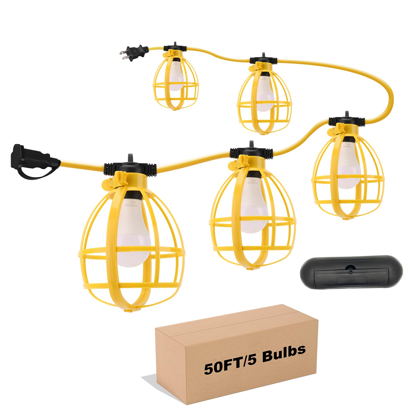 Yaoledly 50FT Construction String Lights with Outdoor Extension Cord Safety Cover, 50W 5 Bulbs Work Lights, IP65 Waterproof, 4000LM 6500K Temporary Lighting for Workshop, Mine cave, Job Site