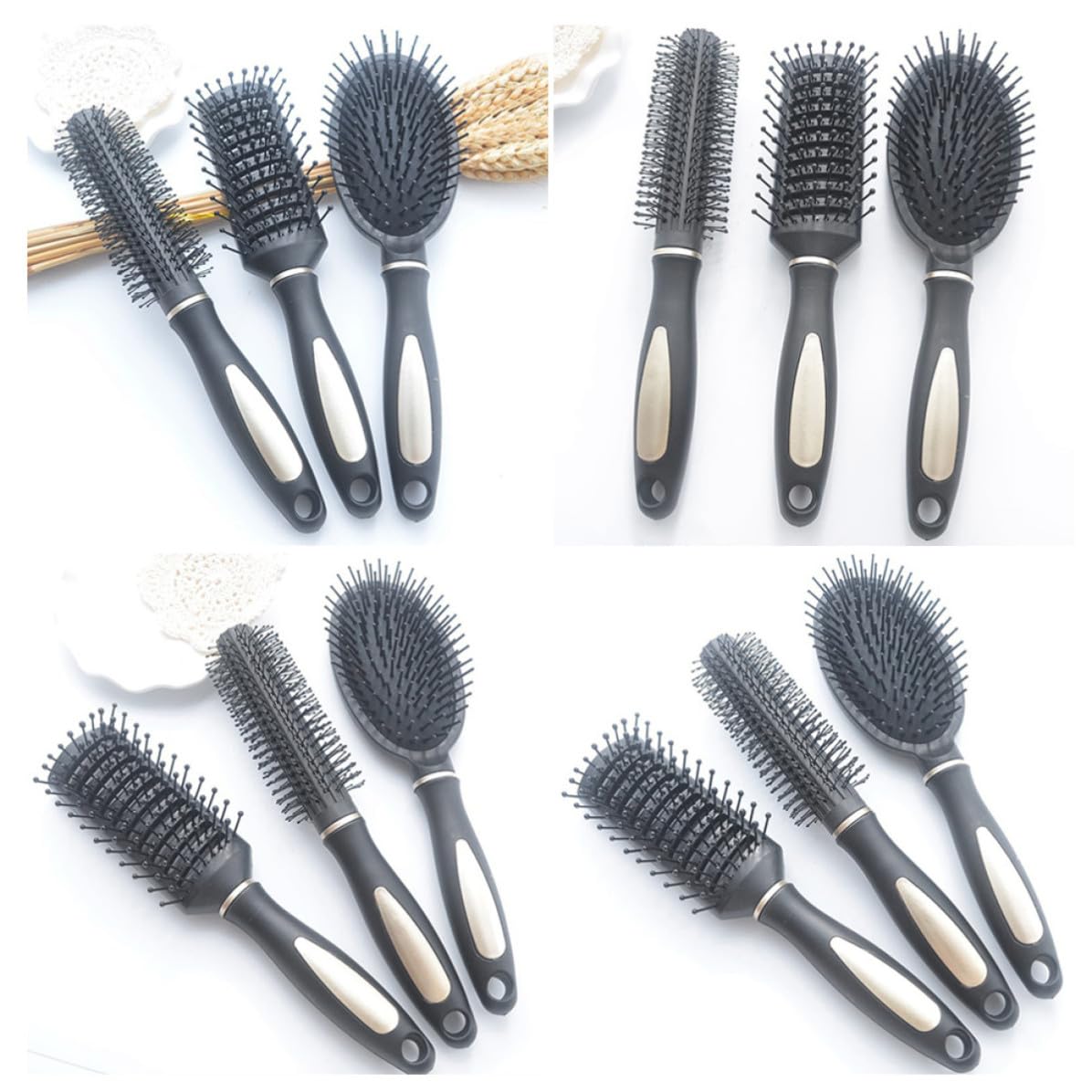 Pettini Massaggianti Antistatici con Manico Ergonomico Set 3 in Plastica Colore Nero per Capelli Ricci, Adatti per Salone e Casa