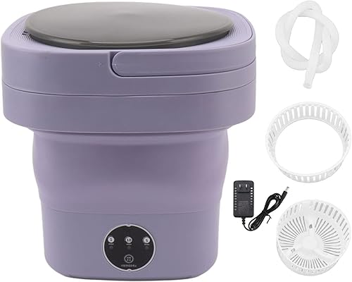 Miniatura 7 de Lavadora plegable, enchufe estadounidense de plástico, 100-240V, ahorro de espacio, portátil, plegable, para viajes, ropa interior (morado)