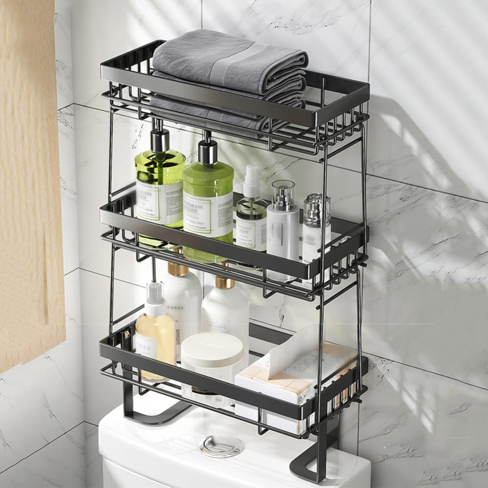 Garvee Scaffale salvaspazio sopra WC, organizer bagno sopra toilette | - Installazione senza fori (no drilling) - 3 ripiani - tre strati neri