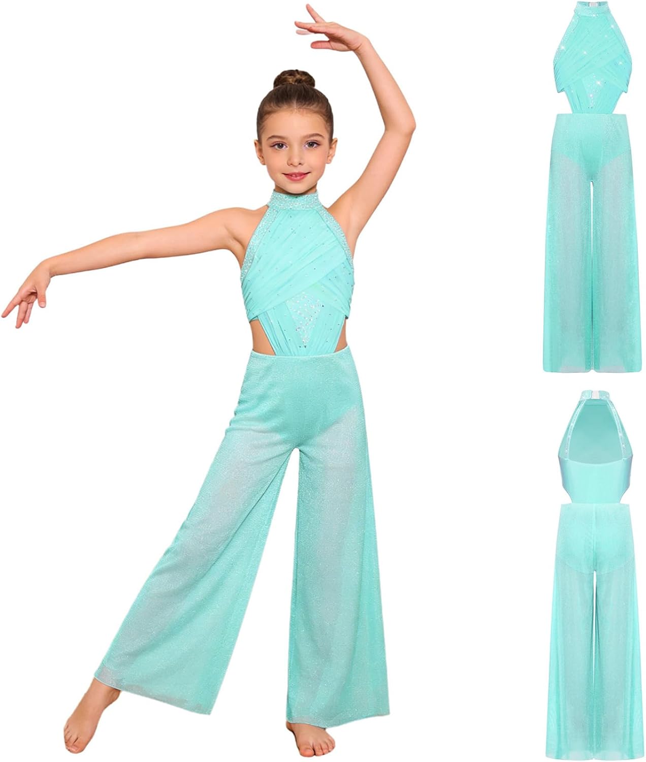 JEYPINMI Gymnastics Bodysuit for Girls Wide Leg Jumpsuit Wedding Party Romper Pants Lyrical Ballet Dance Leotards
