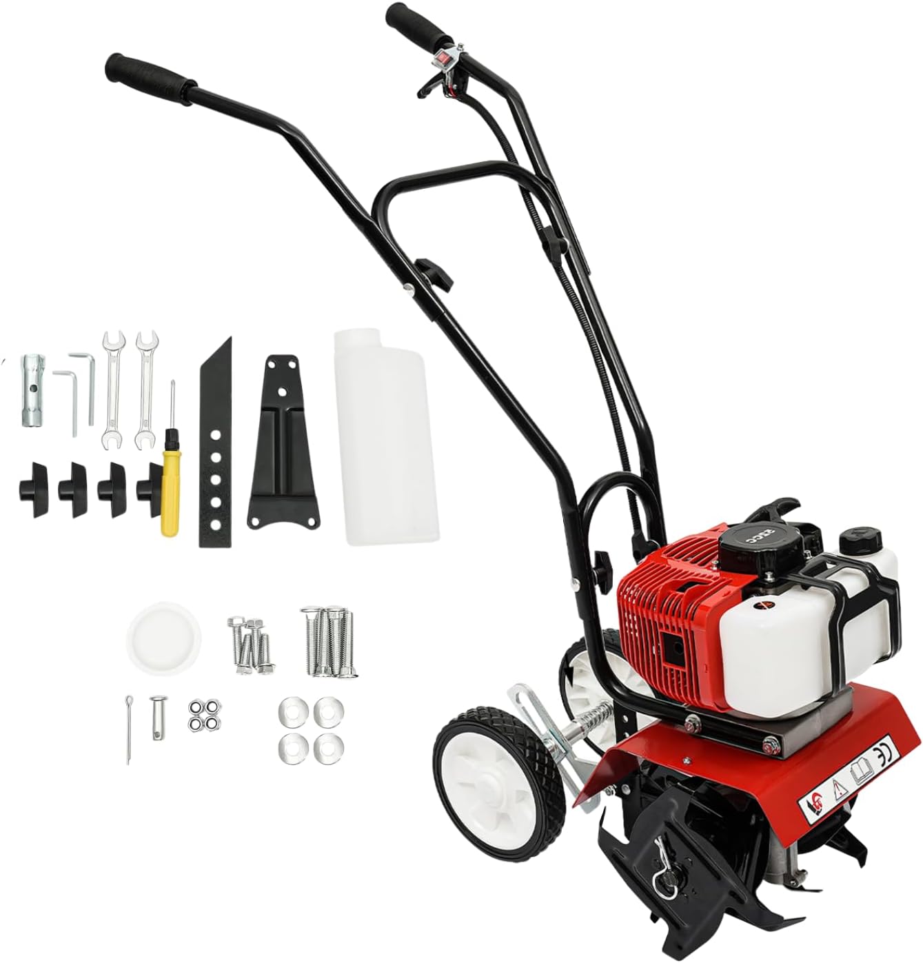 Rototiller, Gas Powered Tiller Cultivator, 52CC 2-Stroke 1700W Handheld Garden Tiller/Cultivator for Soil, Gas Powered Tiller with 4 Blades & Adjustable Wheels, Rototiller for Plowing/Tilling