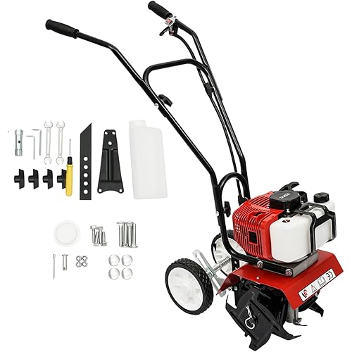Rototiller, Gas Powered Tiller Cultivator, 52CC 2-Stroke 1700W Handheld Garden Tiller/Cultivator for Soil, Gas Powered Tiller with 4 Blades & Adjustable Wheels, Rototiller for Plowing/Tilling