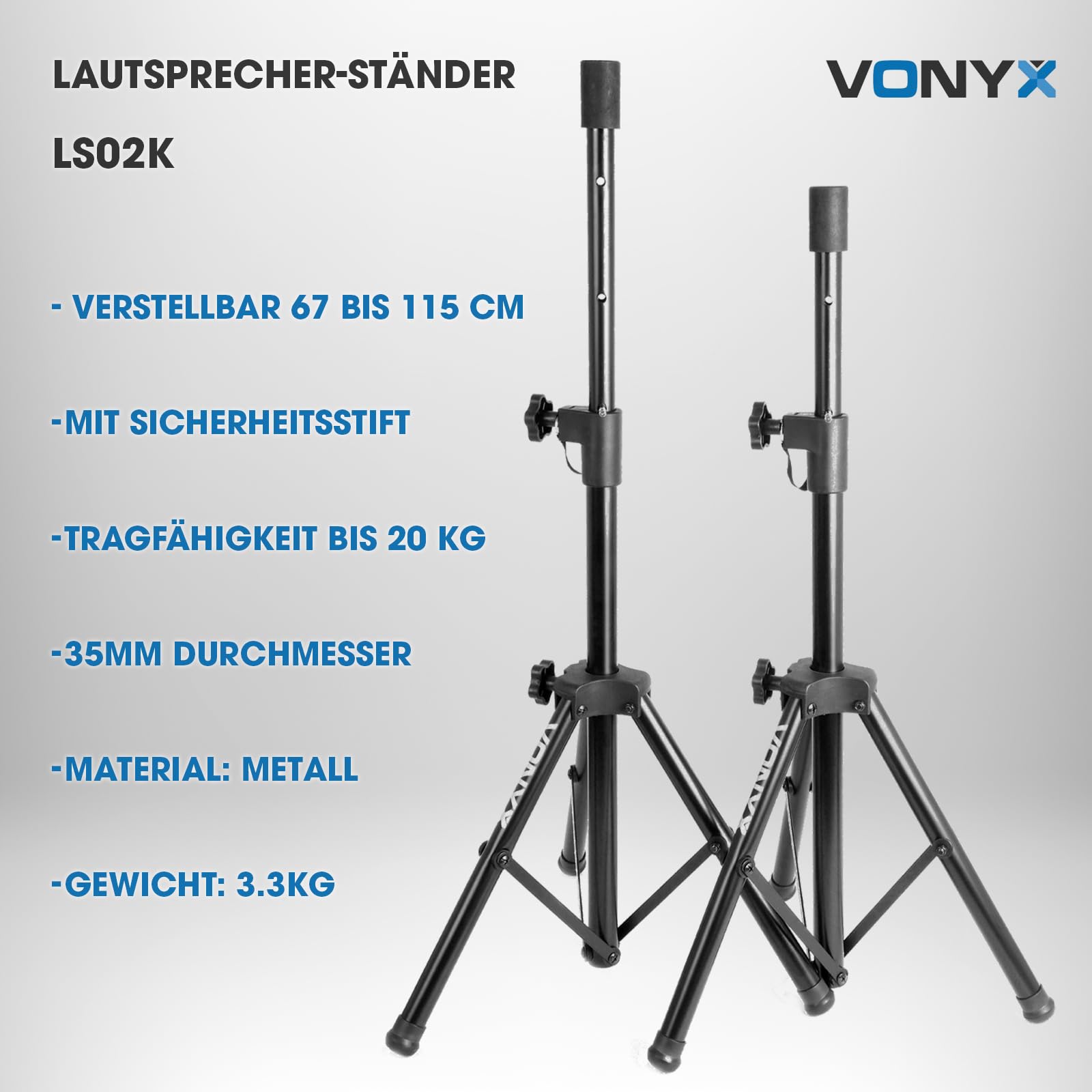 Vonyx LS02K Boxenstativ, Boxenständer, Lautsprecher Stativ, 67-115 CM, bis 20 kg, 35MM mit Sicherheitsstift, Lautsprecherständer höhenverstellbar, Boxen Stativ Speaker Stand - Schwarz
