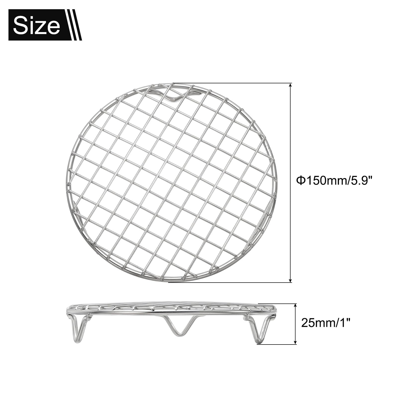 uxcell Round Cooking Rack with Legs, Dia 5.9 Inch 304 Stainless Steel Barbecue Grill for Cooking Baking Barbecue Air Fryer Racks, Silver
