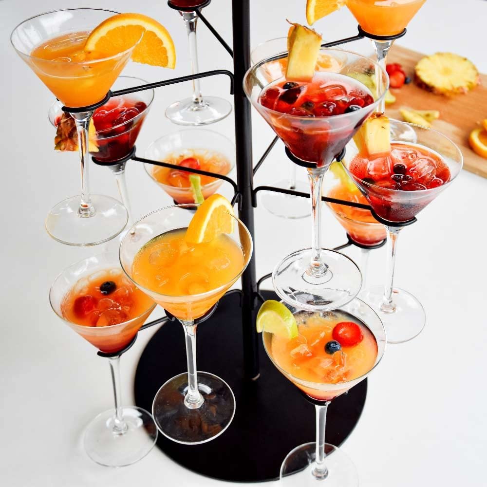 Mikamax Présentoir à Cocktails – Arbre à Boissons à 3 Niveaux Extensible pour 12 Verres – Noir Mat 55,5 cm – Support de Fête pour Cocktails, Champagne et Vin – Facile à Assembler