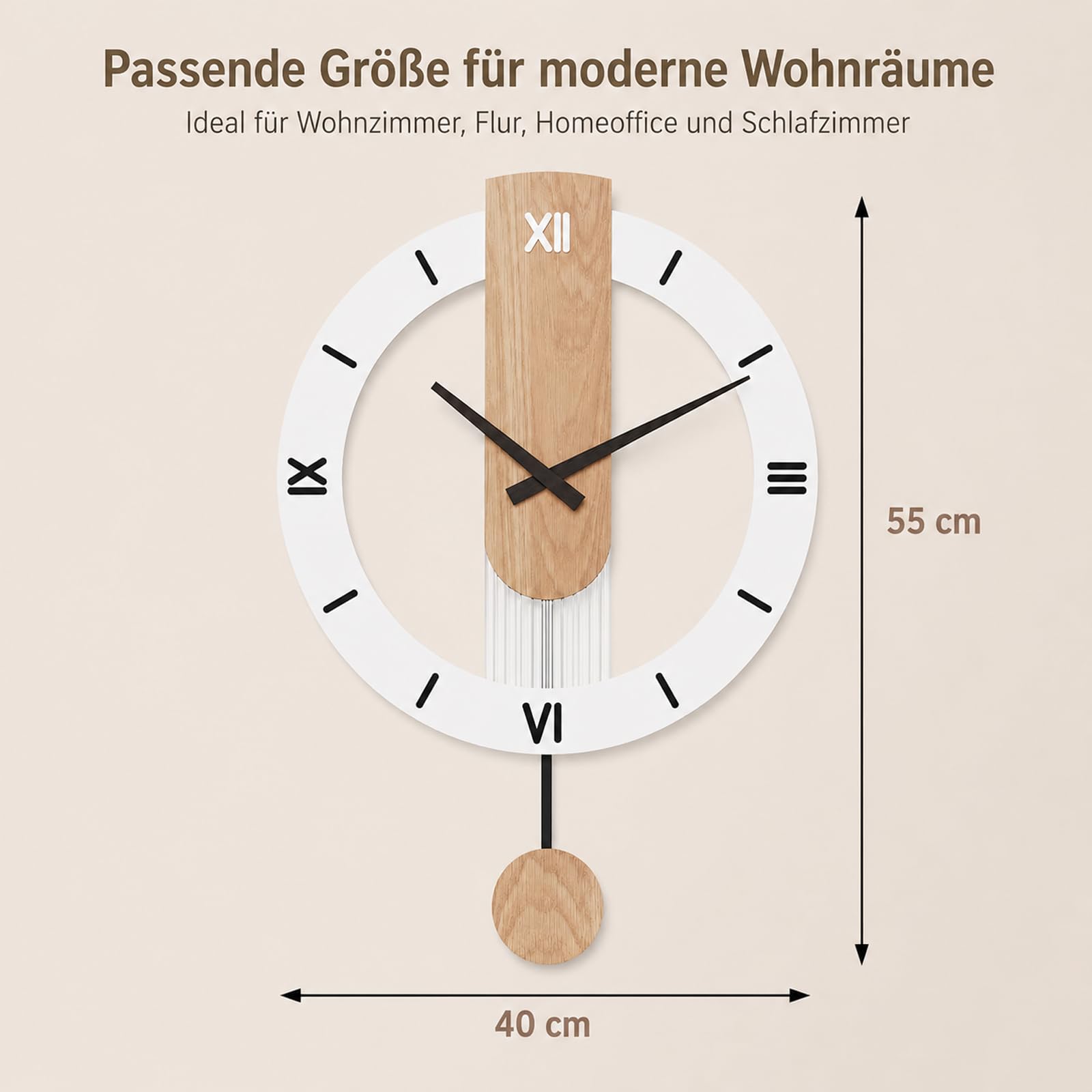 LANMOU Wanduhr Holz mit Pendel, Pendeluhr Moderne Leise Ohne Tickgeräusche | Metallrahmen, weißes Display, Quarzwerk und Innenbereich-Einsatz für Wohn-, Schlaf-, Ess- und Arbeitszimmer