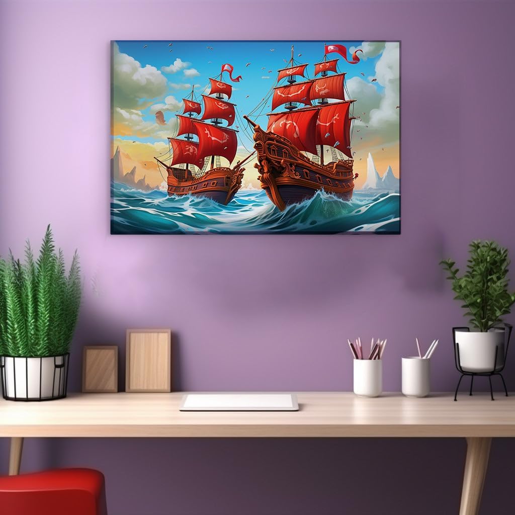Canvas for Living room. Sailing into Sunset � A Vivid Seascape with Crimson Sails and Whispering Waves, 27 x 18 inch Canvas Wall Art - Contemporary Masterpieces - Modern Home Decor