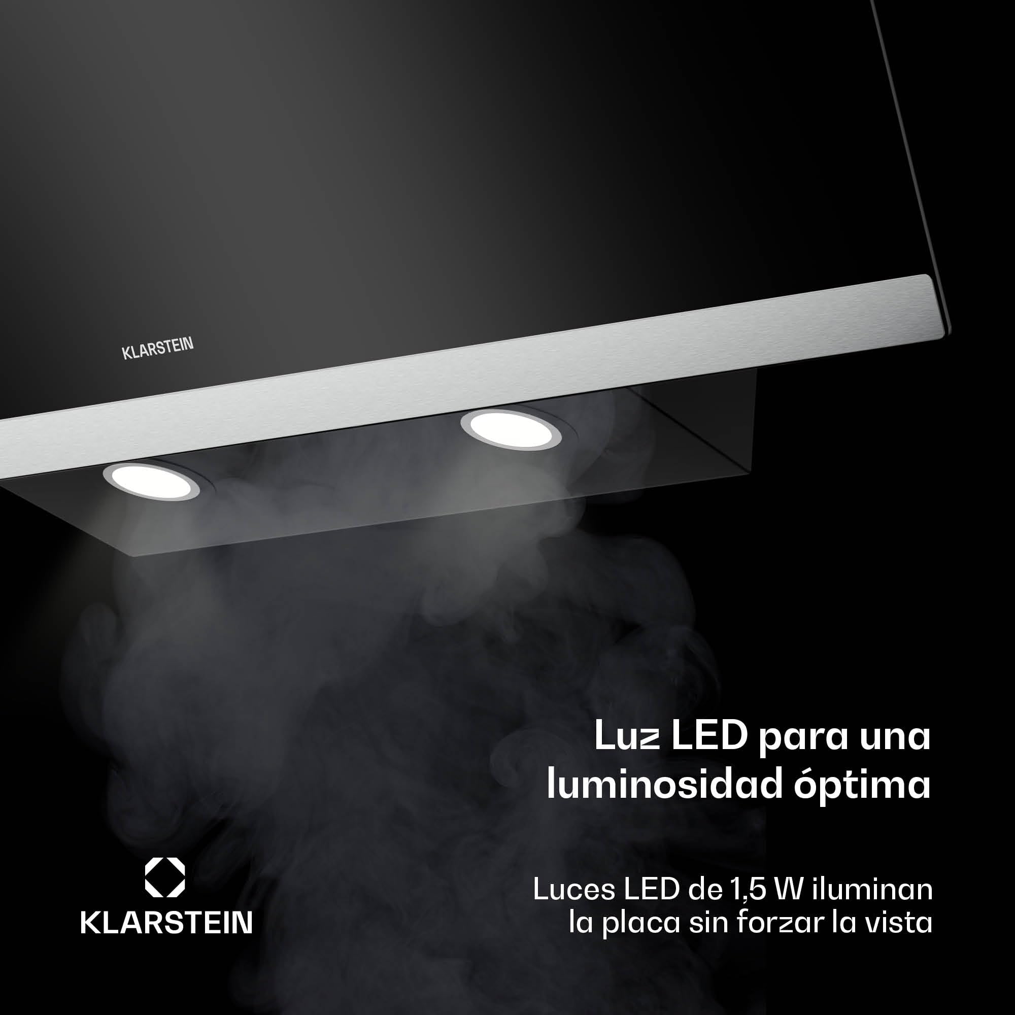 Klarstein FlashLine - Cappa da Cucina da 90cm, Cappa Inclinata, Touchscreen, 524 m³/ora, Efficienza Energetica A++, LED, Silenziosa: 34,5 dB, Nero, Scarico & Ricircolo