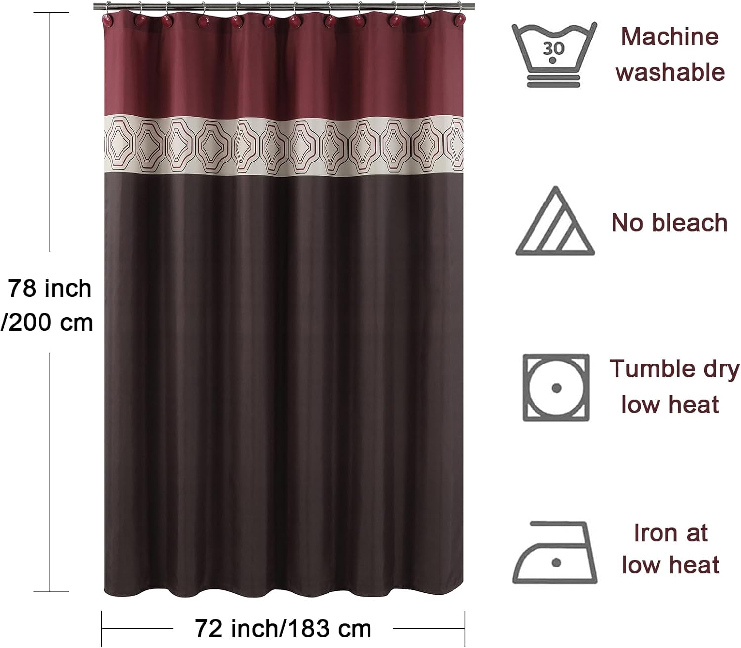 Long Fabric Shower Curtain - Brown and Burgundy Shower Curtains for Bathroom, Chocolate and Red Color Block Waterproof Bathroom Curtains - 72" W x 78" H