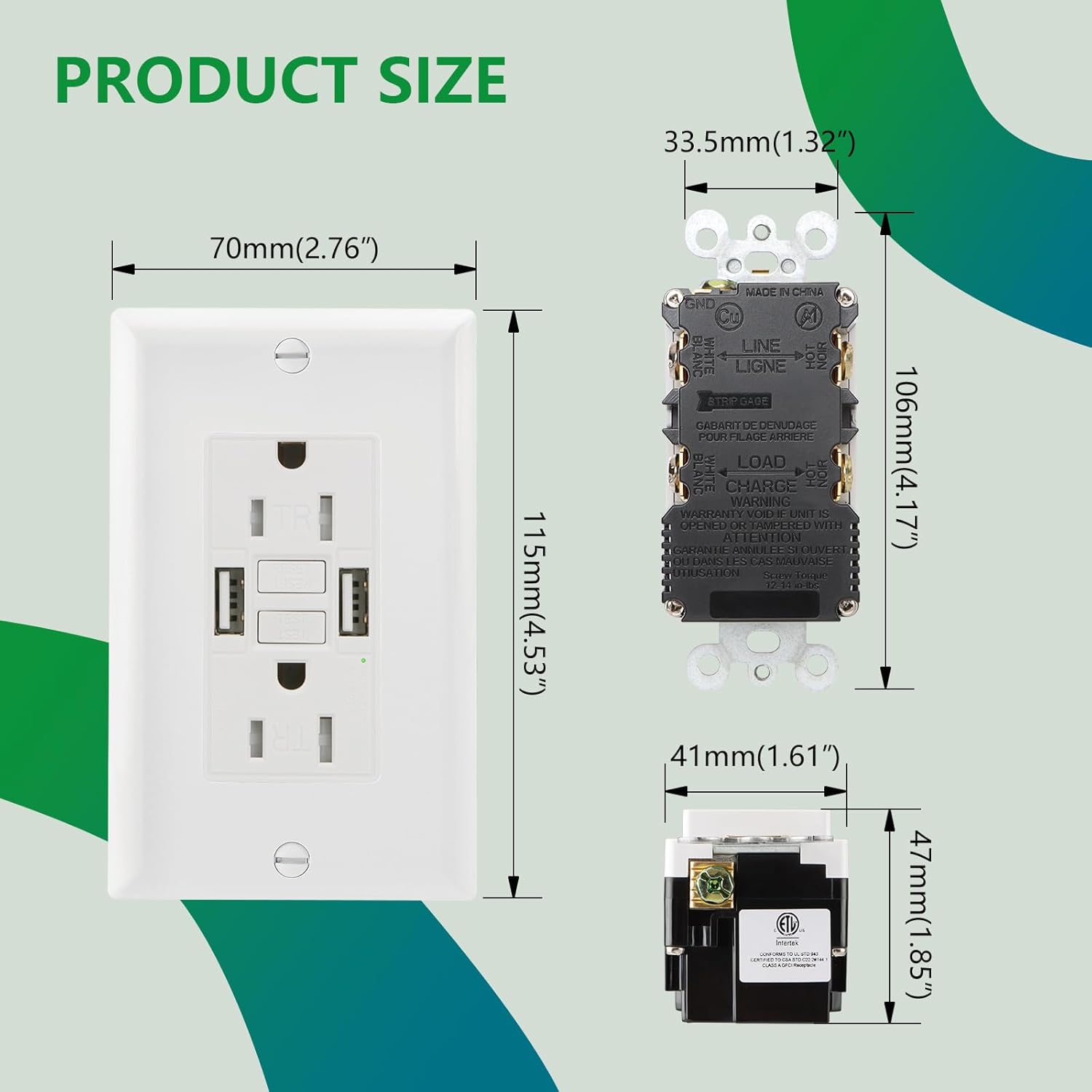 Wengart (2-Pack) 15 Amp GFCI Outlet with Dual USB Ports, 4.8A 24W USB-A Charger, Self-Test Ground Fault Circuit Interrupter, Tamper-Resistant In-Wall Receptacle, ETL Listed, Wall Plate Included, White