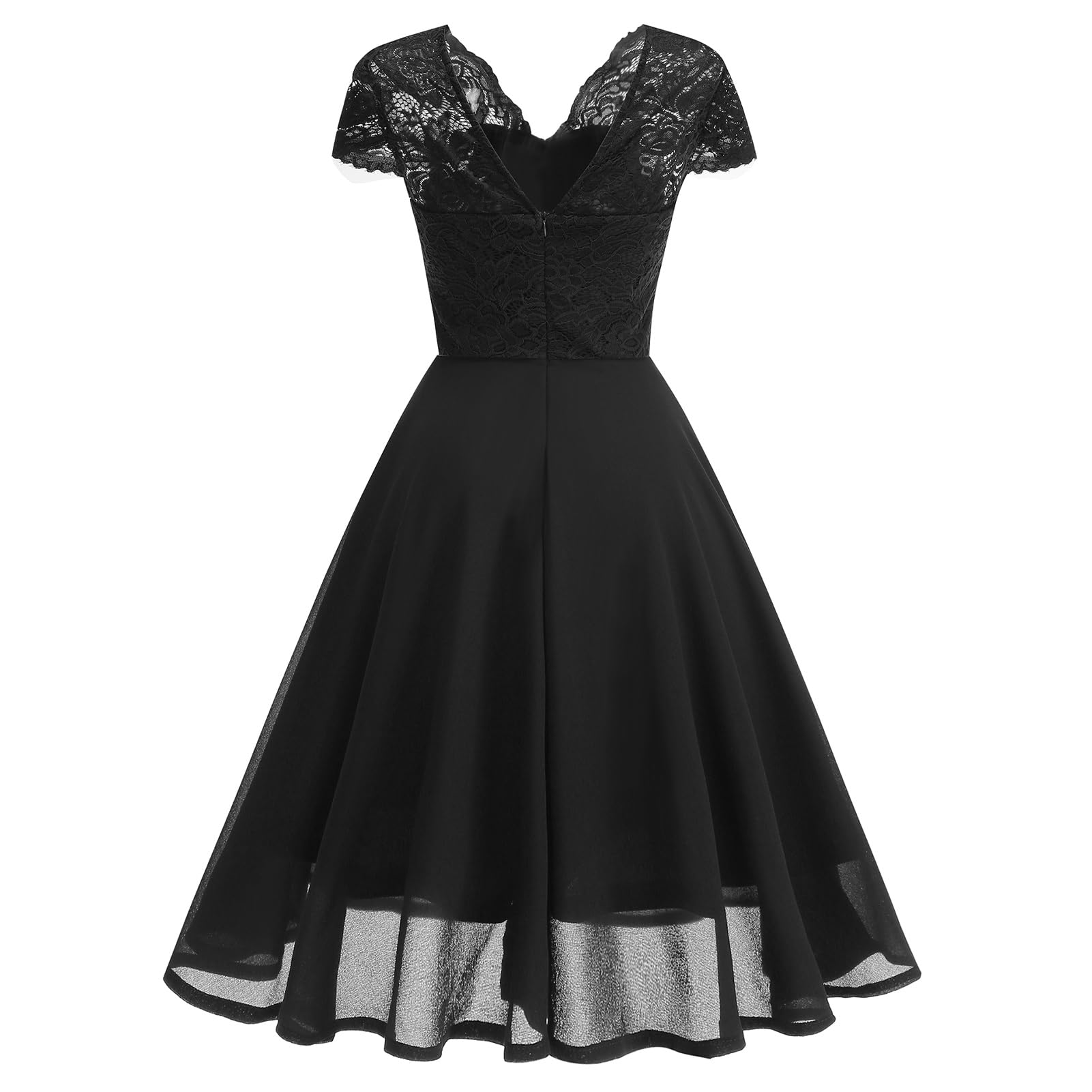 OMEWEE 1950er Vintage Retro Cocktailkleid Damen Elegant Knielang Rockabilly Kleider V-Ausschnitt Chiffon Kurzarm Spitzenkleid A-Line Swing Hochzeit festliches Kleid Kleid Abendkleid