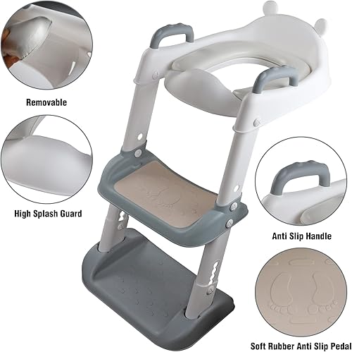 Miniatura 6 de MorTime Asiento de entrenamiento para ir al baño con escalera, inodoro plegable para niños, inodoro de altura ajustable con almohadilla suave
