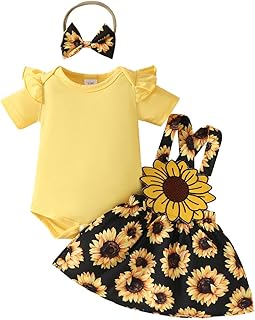 LUVCES Conjunto Faldas para Niña Recién Nacida Manga Corta Mono Top con Volantes+ Estampado Floral/Oso Vestido con Tirante...