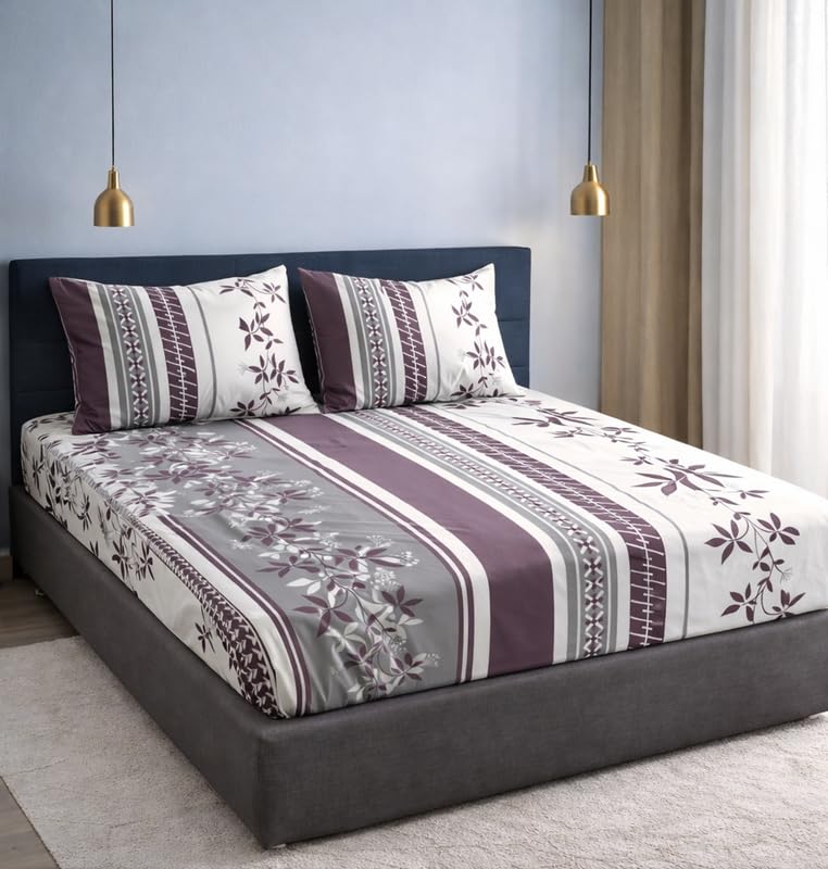 Image of King Size Elastic Fitted Bedsheet with 2 Pillow Covers - Glace Cotton, Fits up to 8-inch Mattress, All-Around Elastic (Floral Print, Wine)