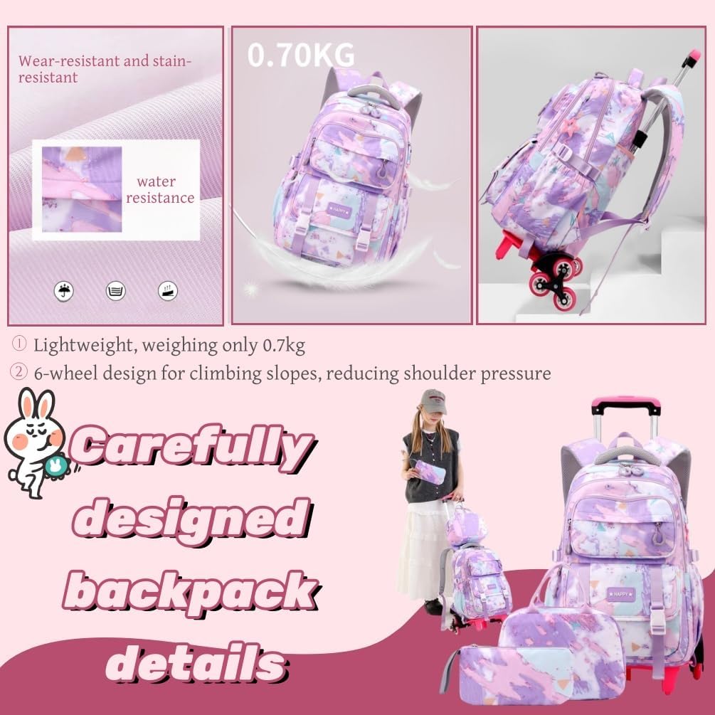 EKUIZAI Girls Trolley Backpack Set Cute Colorful Girls Rolling Backpack Middle School Trolley Schoolbag with Wheels - Image 4
