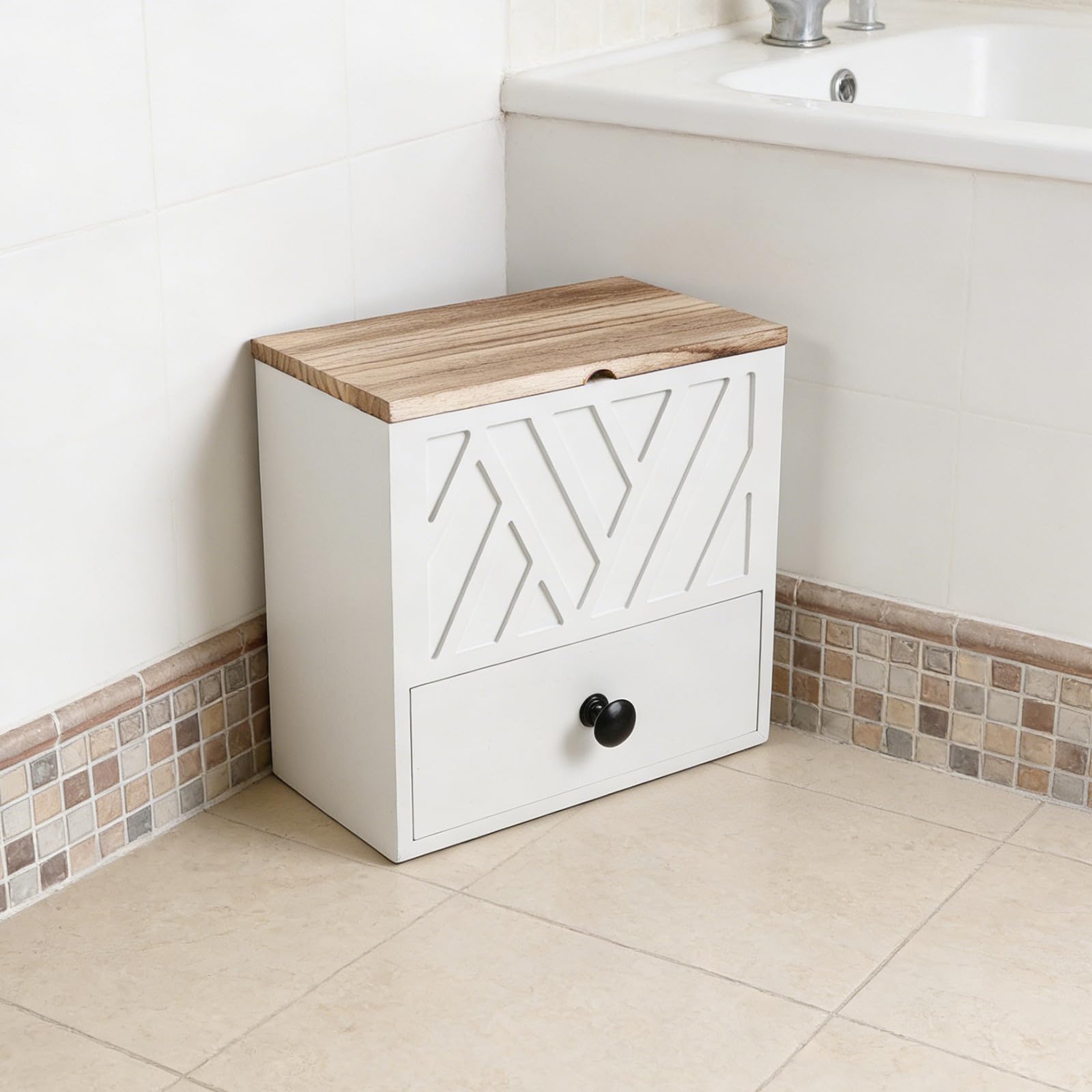 Organizer Bagno in Legno Bianco con Cassetto, Doppio Strato