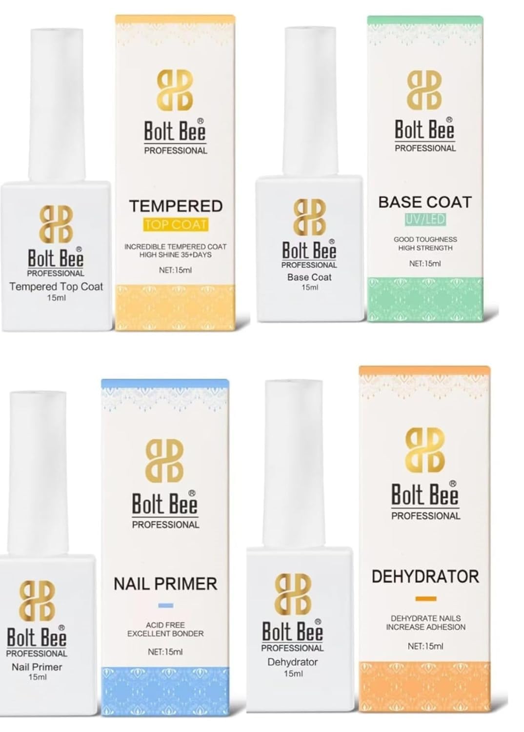 Bolt Bee tempered Top Coat, Base Coat, Nail Primer, Dehydrator- 15ml Soak Off UV LED Gel Nail Polish Kit for Nail Art pack of 4