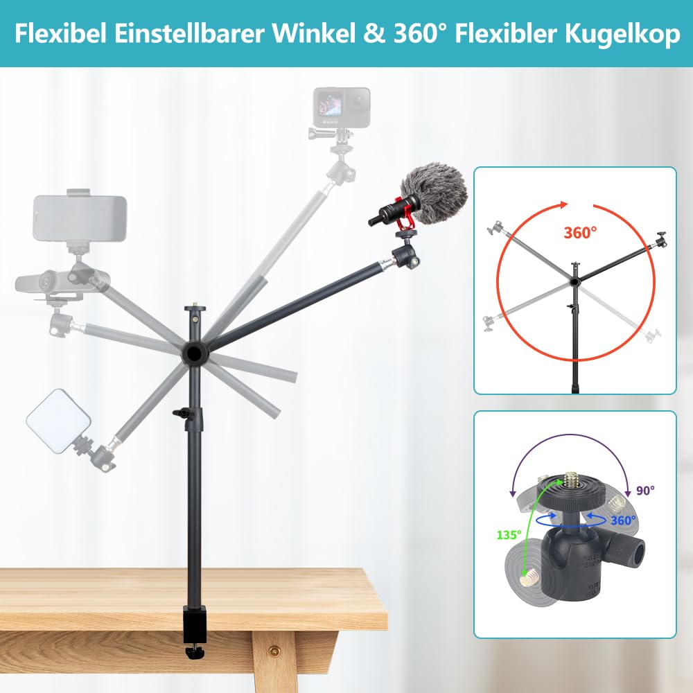 OS01 Tischstativ Overhead Stativ Handy, 32.5-55cm Einstellbar Kamera Halterung für Klein Kamera, klemmstativ mit Flexible Arm & 1/4" Kugelkopf für Webcam, Ringlicht, Live Streaming