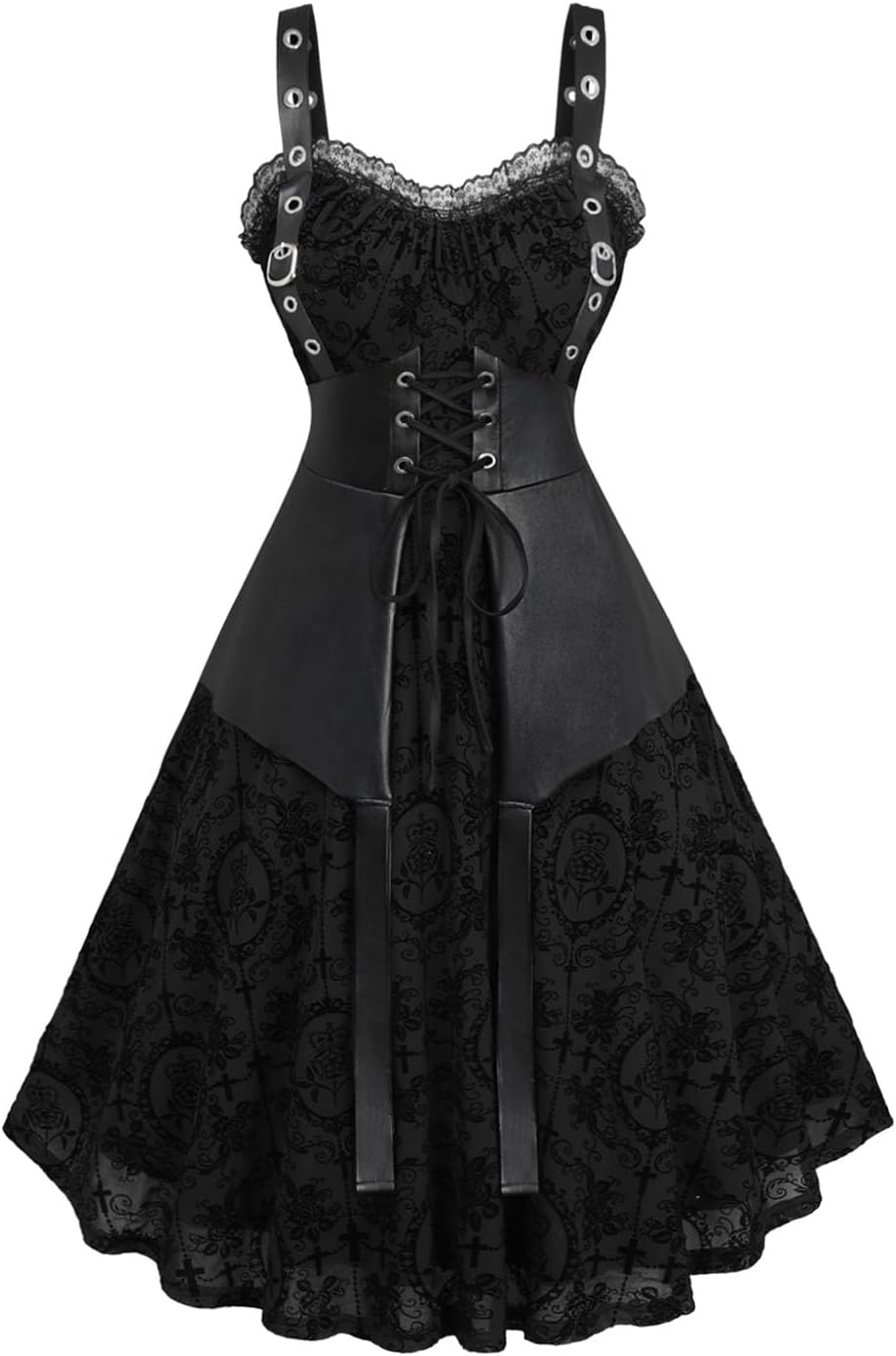 ROSE GAL Women Plus Size Gothic Lace-up PU Leather Patchwork Flocking Midi Dress Buckles Lace Trim Vintage Goth Midi Dress