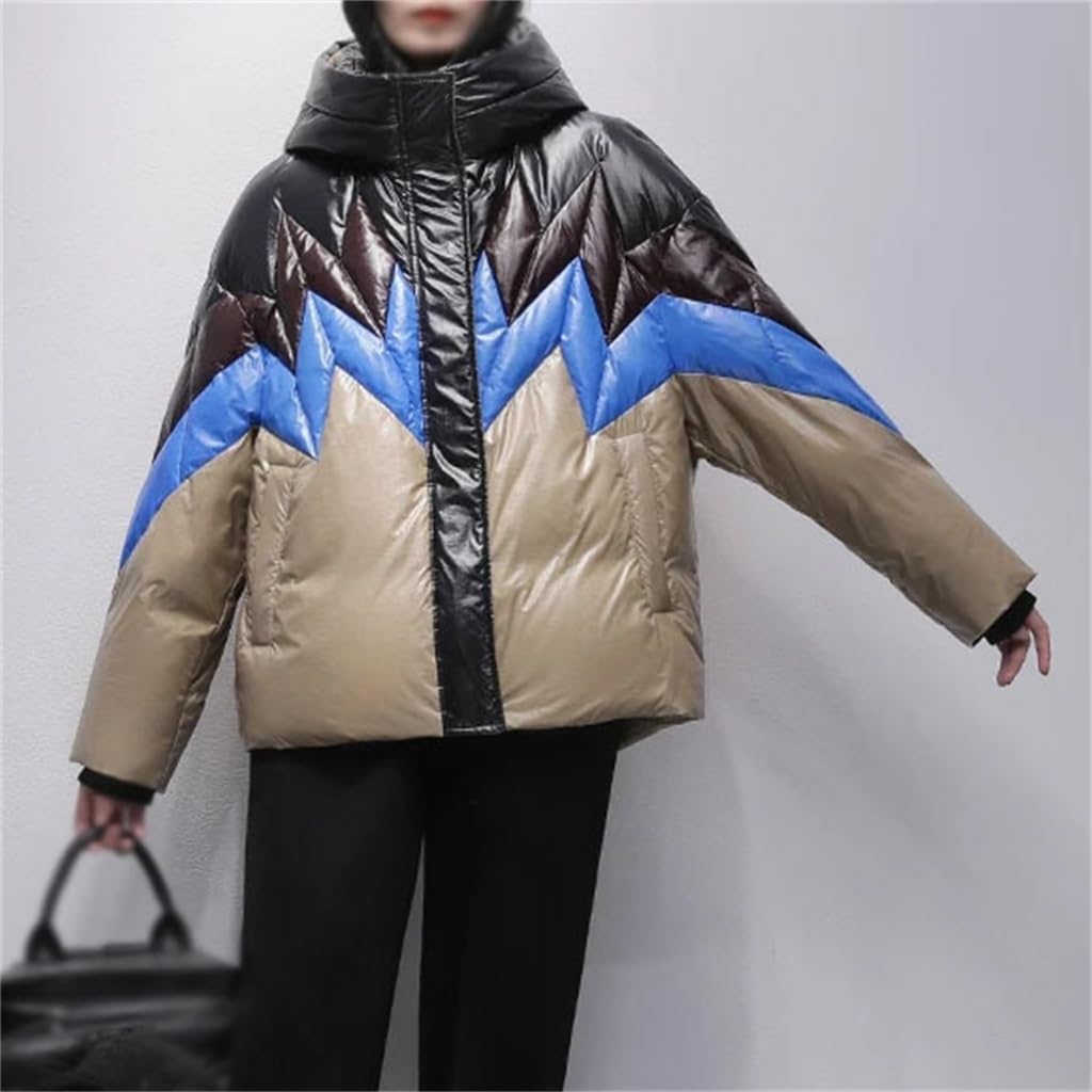 Winter Women's Short Hooded Down Jacket Patchwork Thickened Warm Ladies