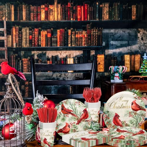 Christmas Cardinal Party Decorations, 144Pcs Cardinal Vintage Christmas Paper Plates and Napkins Xmas Red Birds Disposable Dinnerware Set for Winter Xmas Holiday Party Supplies – Image 5
