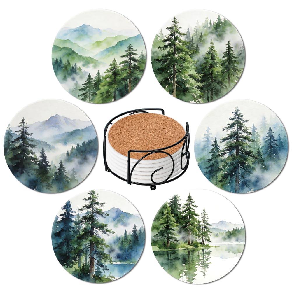 ANATTASOUL Watercolor Forest Ceramic Coaster Set of 6 with Holder for Drink