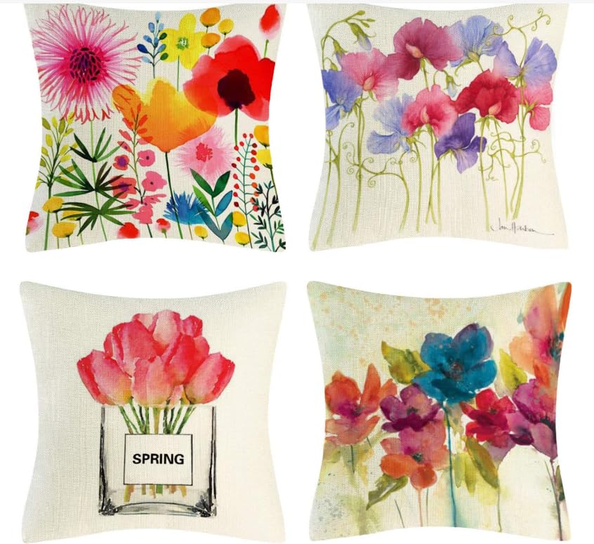 BAOKU Set of 4 Outdoor Floral Pillow Cases Pink Flower Cushion Cases 18x18 Inch Holiday Seasonal Spring Summer DecorationsThrow Pillow Covers
