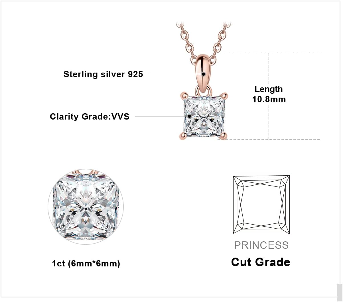 JewelryPalace 1ct Moissanite Solitaire Pendant Necklace for Women, 14K White Yellow Rose Gold Plated 925 Sterling Silver Necklaces for Her, Classic Simulated Diamond Jewelry Set, 18 Inches chain - Image 2