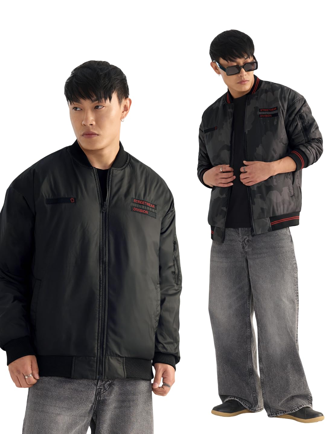 Reversible Bomber: Urban Camo Men and Boys Full Sleeves Band Neck Camouflage Printed Polyester Regular Fit Lightweight Reversible Bomber Jacket-image-47