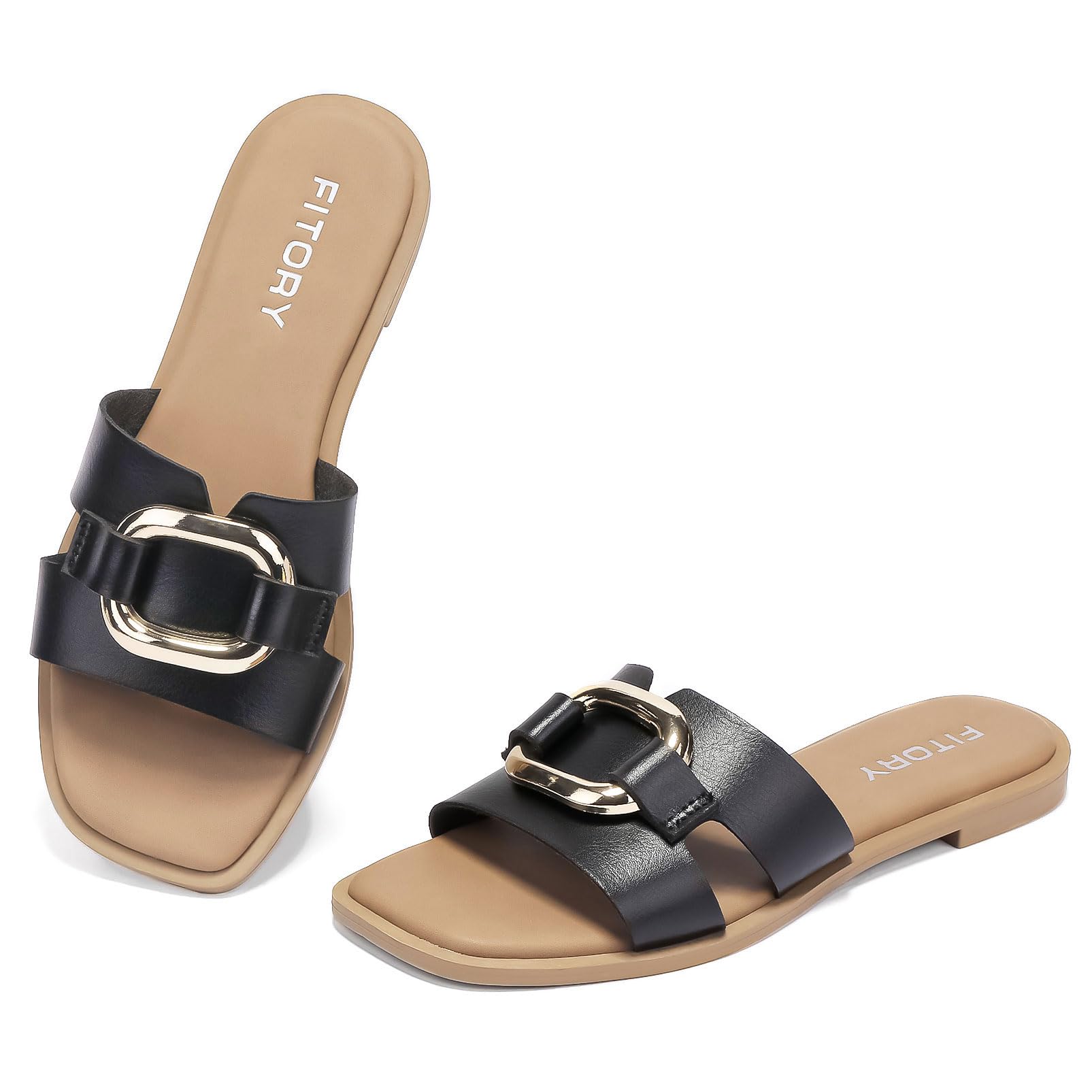 FITORY Women's Flat Sandals Fashion Square Open Toe Slides With Metal Chain Slippers for Summer Size 6-11