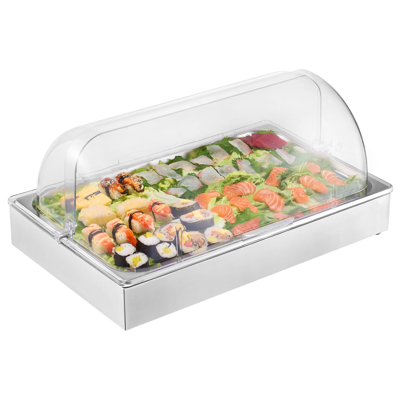 VEVOR Servierbehälter Buffet-Behälter Gastronormbehälter aus Edelstahl (1 Behälter), Präsentationsständer mit transparentem Deckel & 3 Eiswürfelschalen für Restaurant Hotel Küche
