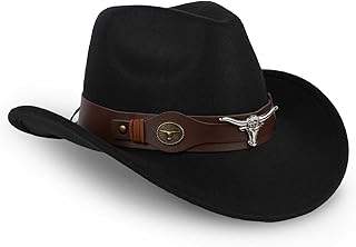 Cowboy Hat Western Style Women Men Chamois Leather Hat with Bull Head Applique & Adjustable Strap (56-58 cm) - Wide Brimmed Outback Hat for Festival, Gardening & Theme Parties (Black)