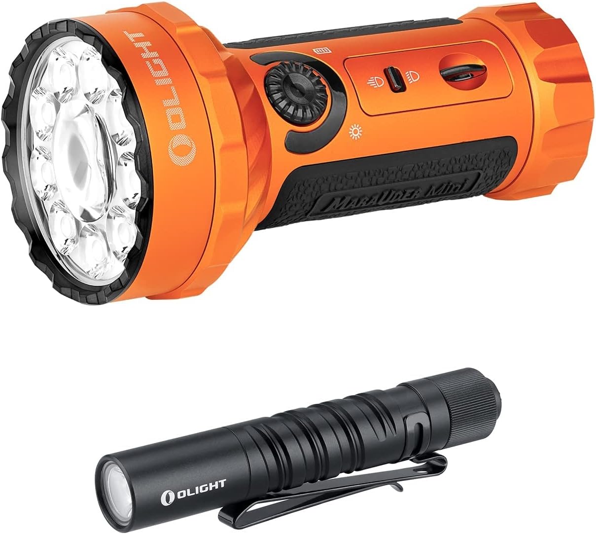 OLIGHT Marauder Mini 7,000 Lumens Bright Flashlight with 600 Meters Beam Distance Bundle I3T EOS 180 Lm Dual-Output Slim Light
