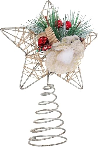 Decoración de estrella para árbol de Navidad, decoración rústica de pino de bayas rojas con acebo para vacaciones, interiores, festividades, hogar,
