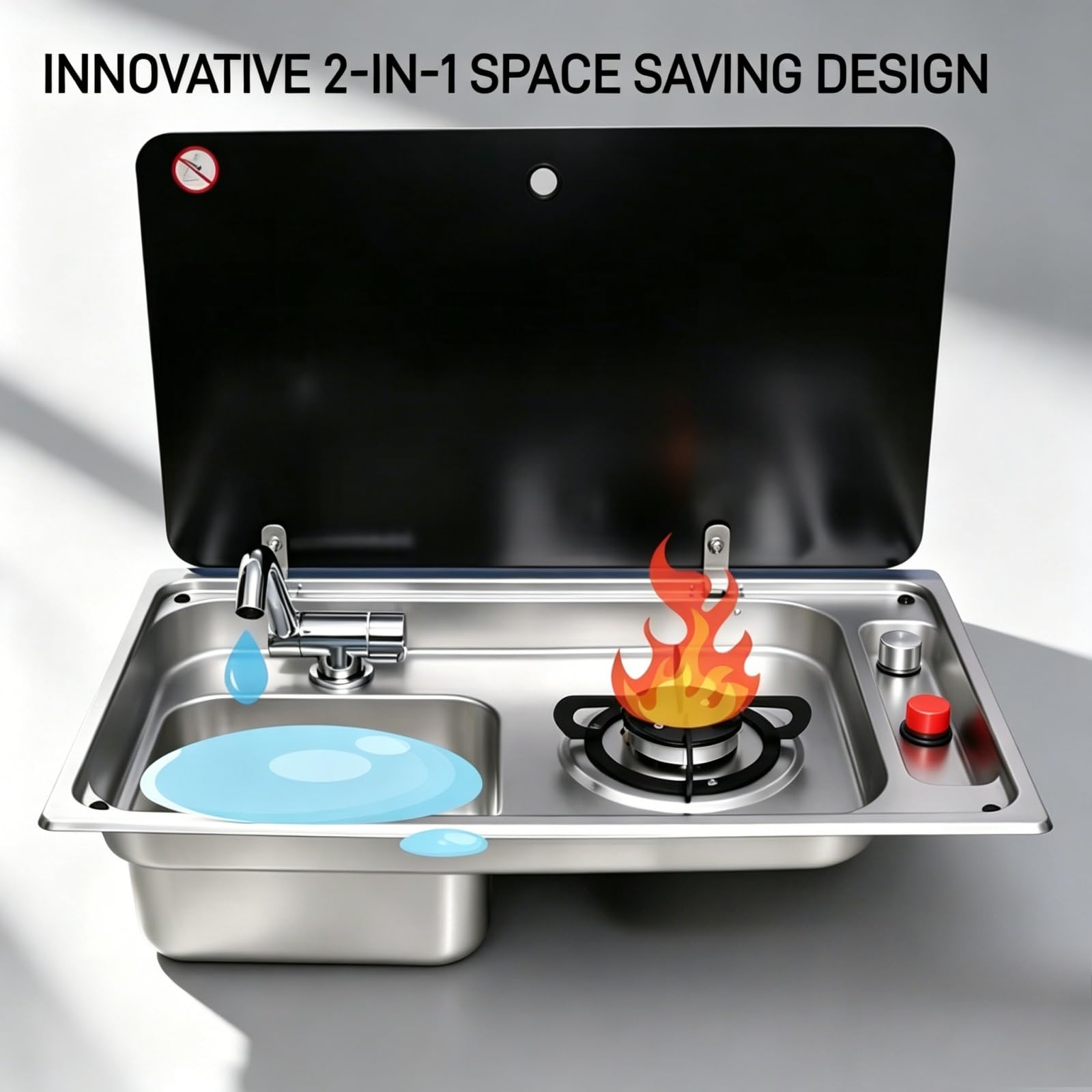 Lavabo 2 en 1 para caravana y compartimento de preparación con tapa de vidrio, inserto de acero inoxidable con boquilla plegable para caravana, furgoneta, remolque de viaje (negro/plateado)
