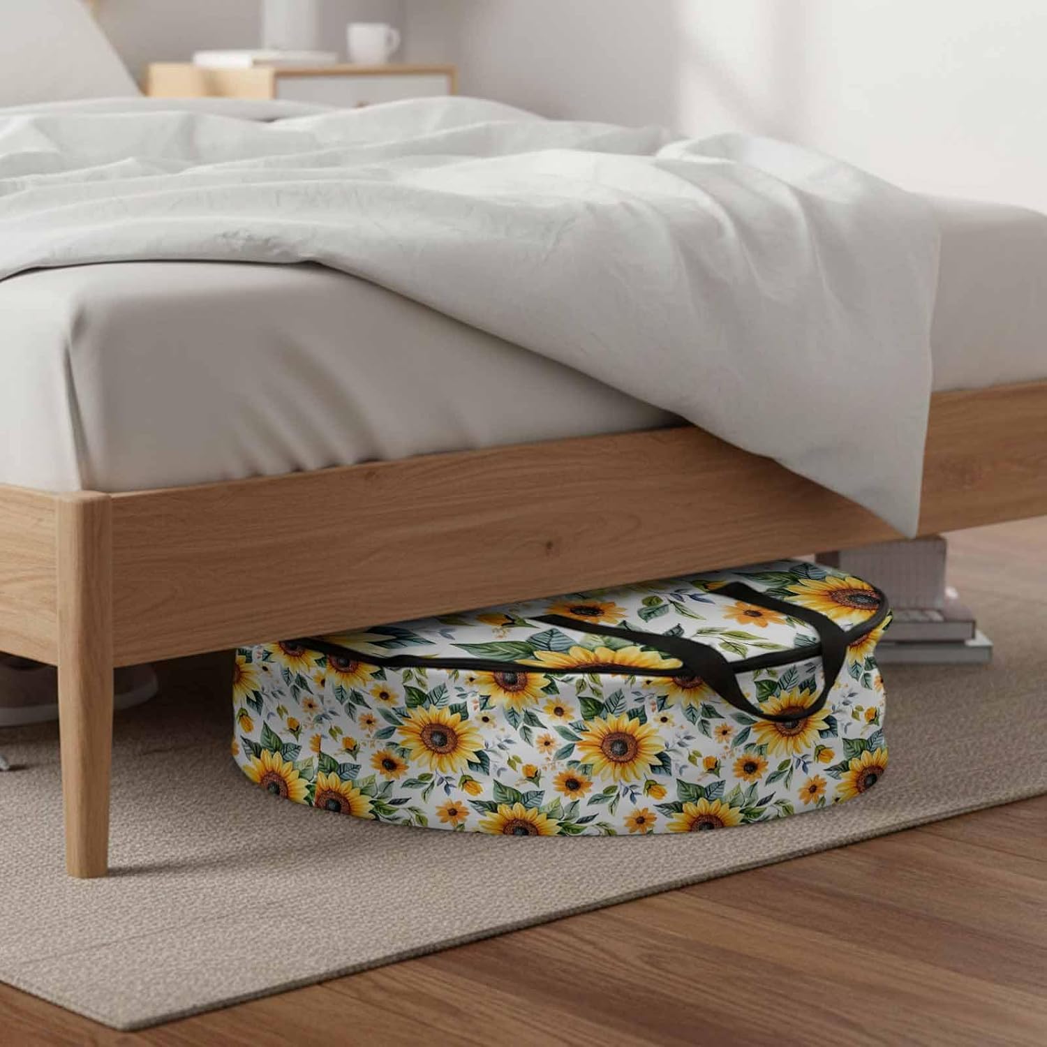 Rustic Sunflower Round Storage Bag 36 Inch, Floral Leaf Farmhouse Clothes Storage Container with Handles Heavy Duty Organizer for Comforter, Bedding & Holiday Wreaths
