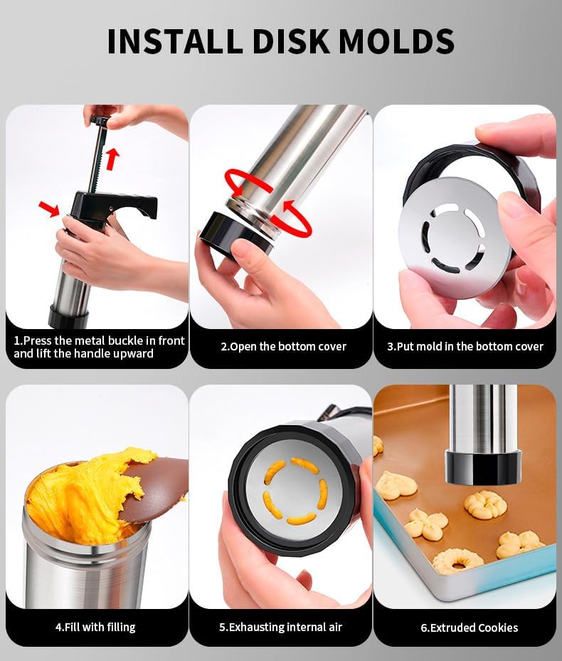 Générique Pistolet à Biscuits en Acier Inoxydable Professionnel 13 Disques 8 Buses Incluses Décoration de Gâteaux Pâtisserie Cuisine Maison Cadeau Pâtissier